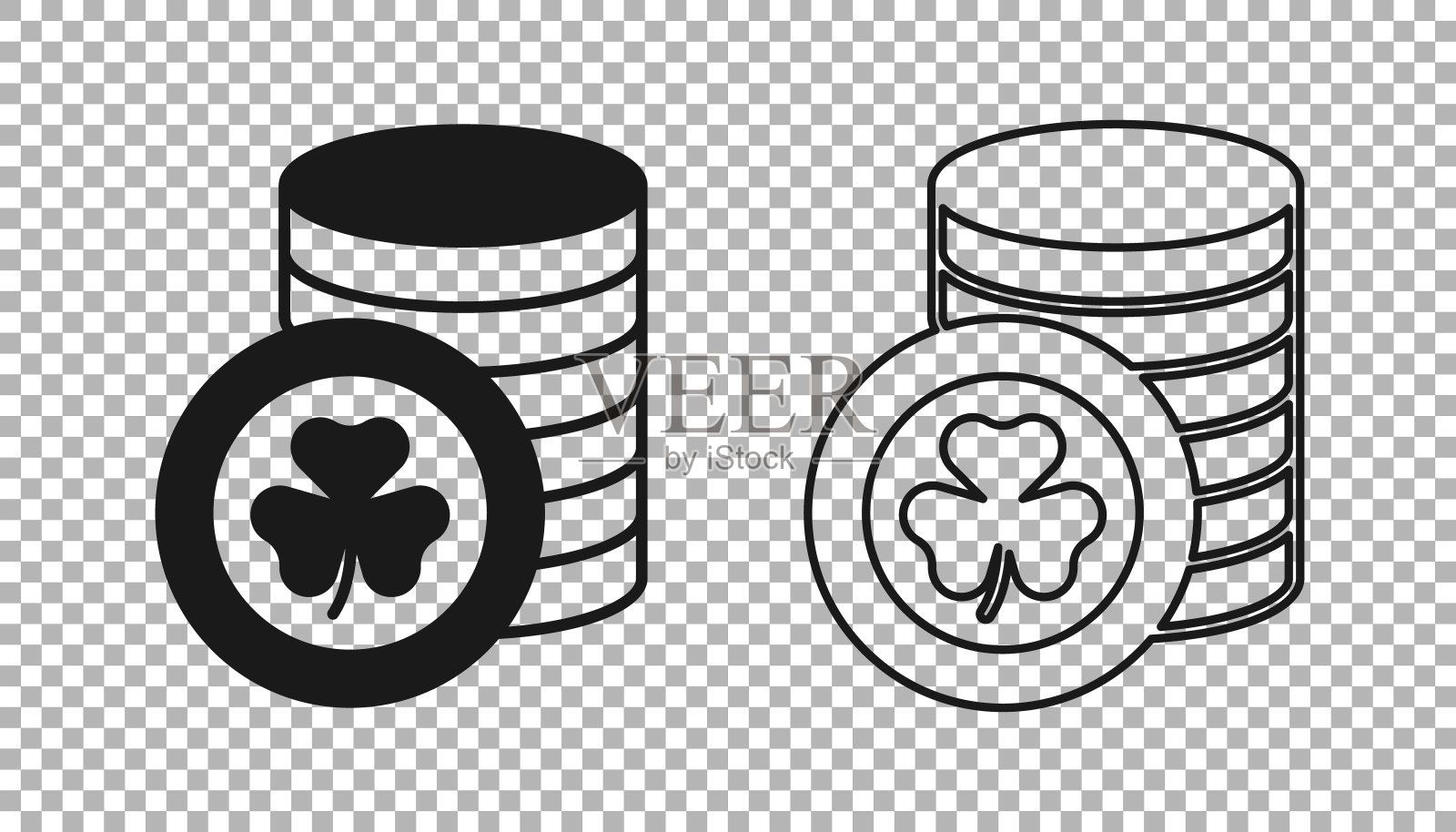 黑色金色小妖精硬币与三叶草三叶草图标隔离在透明的背景。圣帕特里克节快乐。爱尔兰国家假日。向量图标素材