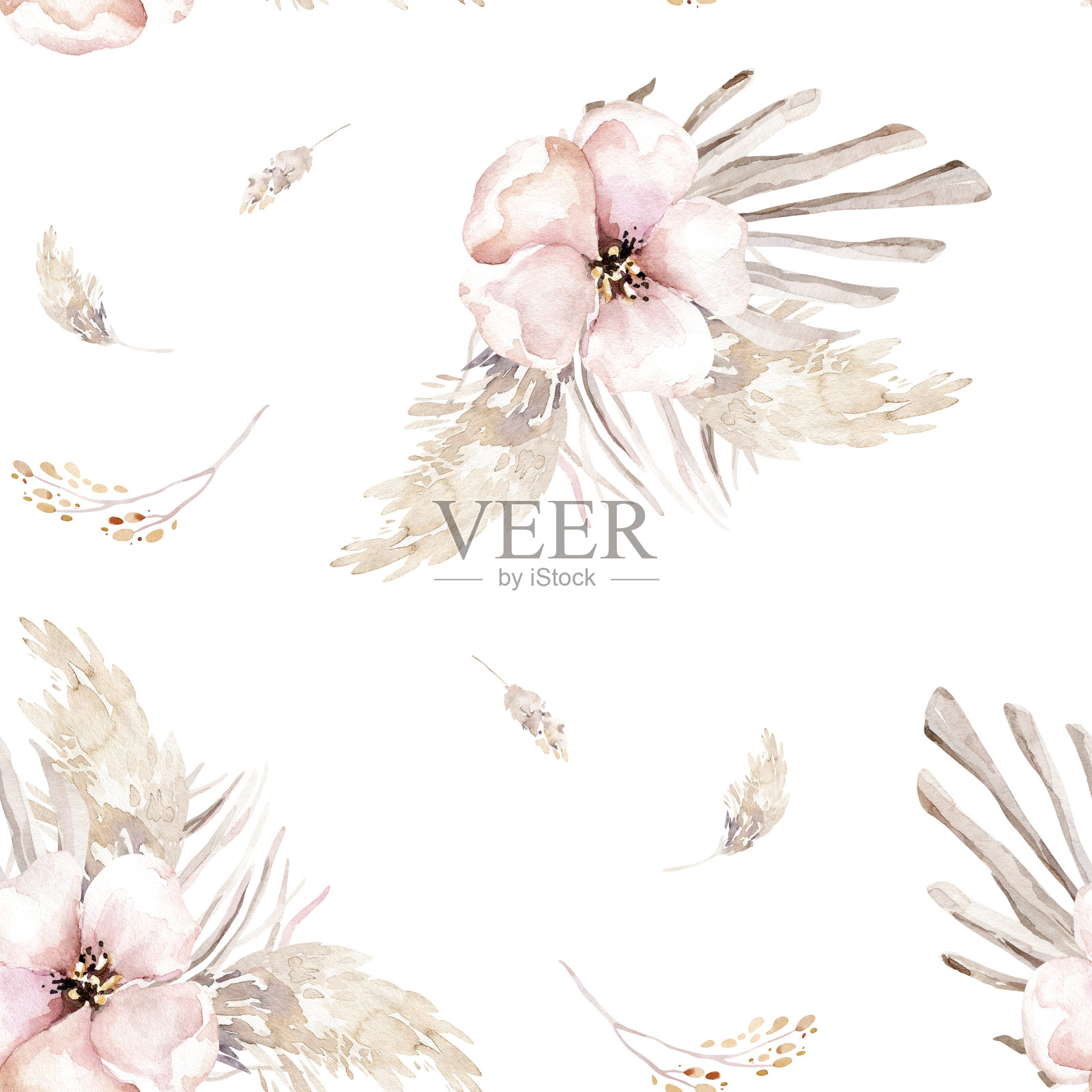 水彩波西米亚无缝图案与手绘热带干棕榈叶,潘帕斯树枝和樱花。浪漫的花卉波西米亚背景的婚礼邀请,时尚的织物纺织品插画图片素材