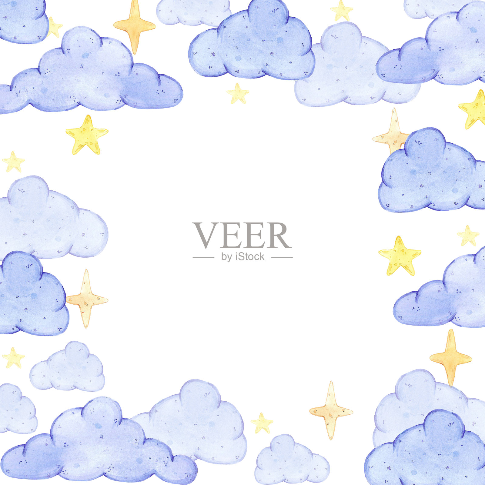 手绘水彩框架与蓝色的云为儿童相册。剪贴簿设计,海报,标签,卡片。插画图片素材