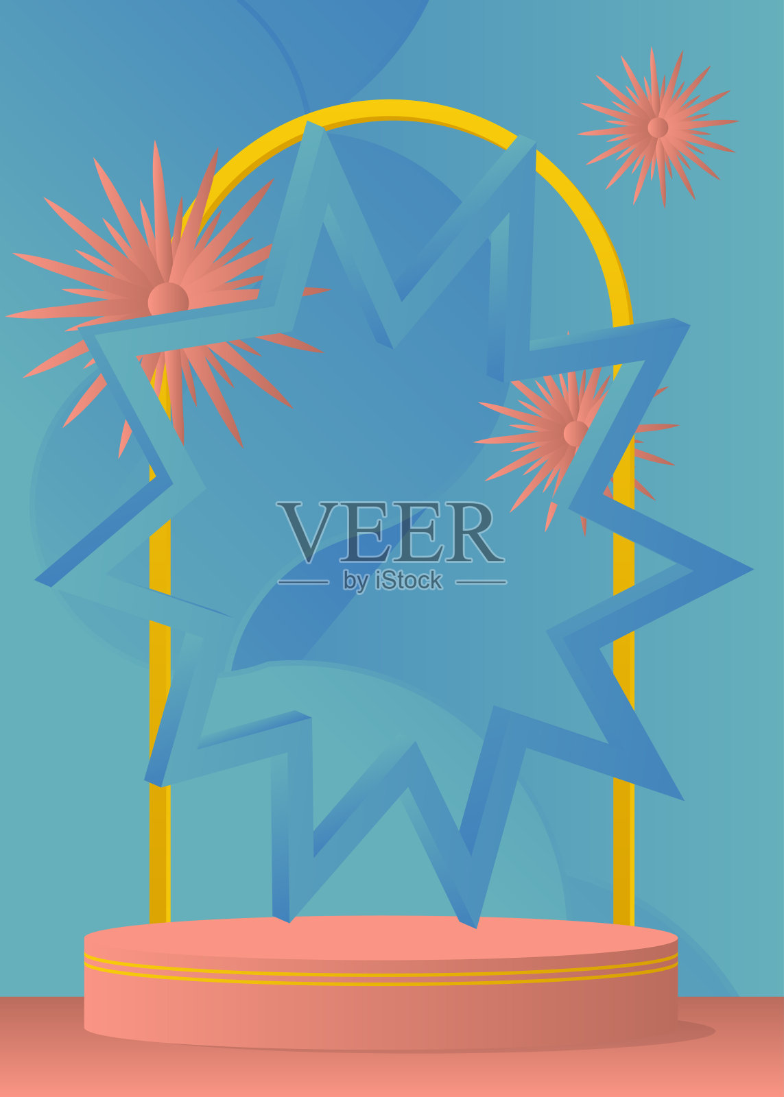 抽象的浅红色、蓝色和黄色产品用花朵展示。模型舞台展示,圆柱基座讲台演示。插画图片素材