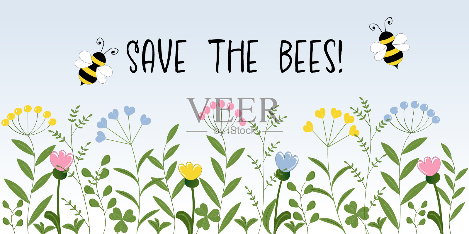 救救蜜蜂!呼吁支持生物多样性,保护蜜蜂。在色彩柔和的花草地上,飘扬着蜜蜂的旗帜。插画图片素材