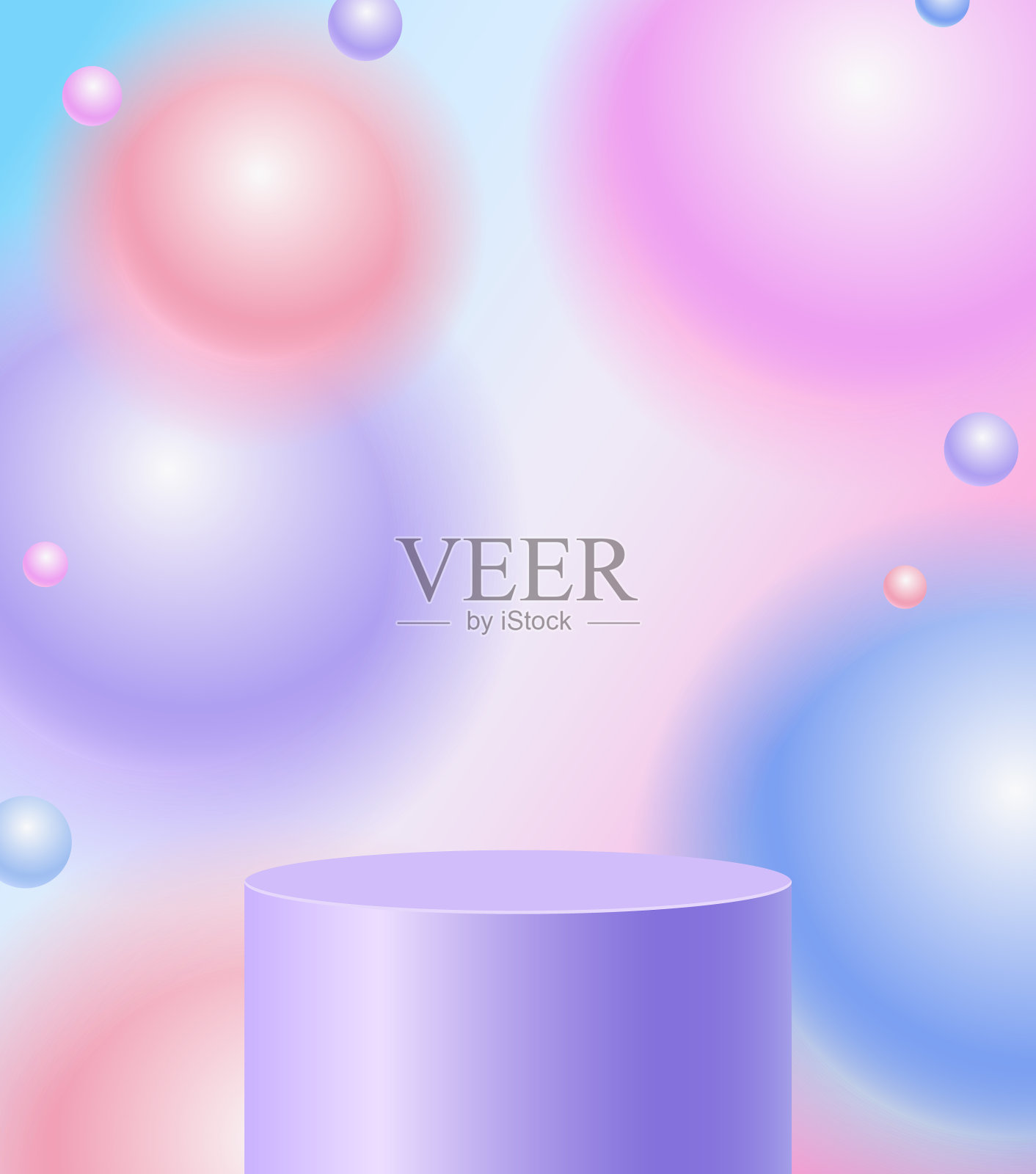 创意插图设计与彩色浮动球体和蓝色讲台插画图片素材