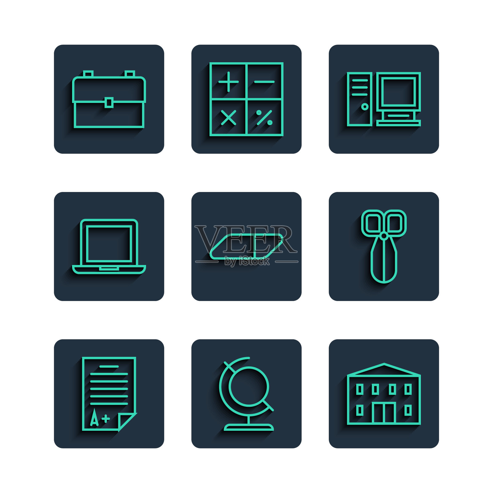 设置线考试表与A +成绩,地球,学校建筑,电脑显示器,橡皮擦橡胶,笔记本电脑,背包和剪刀图标。向量图标素材