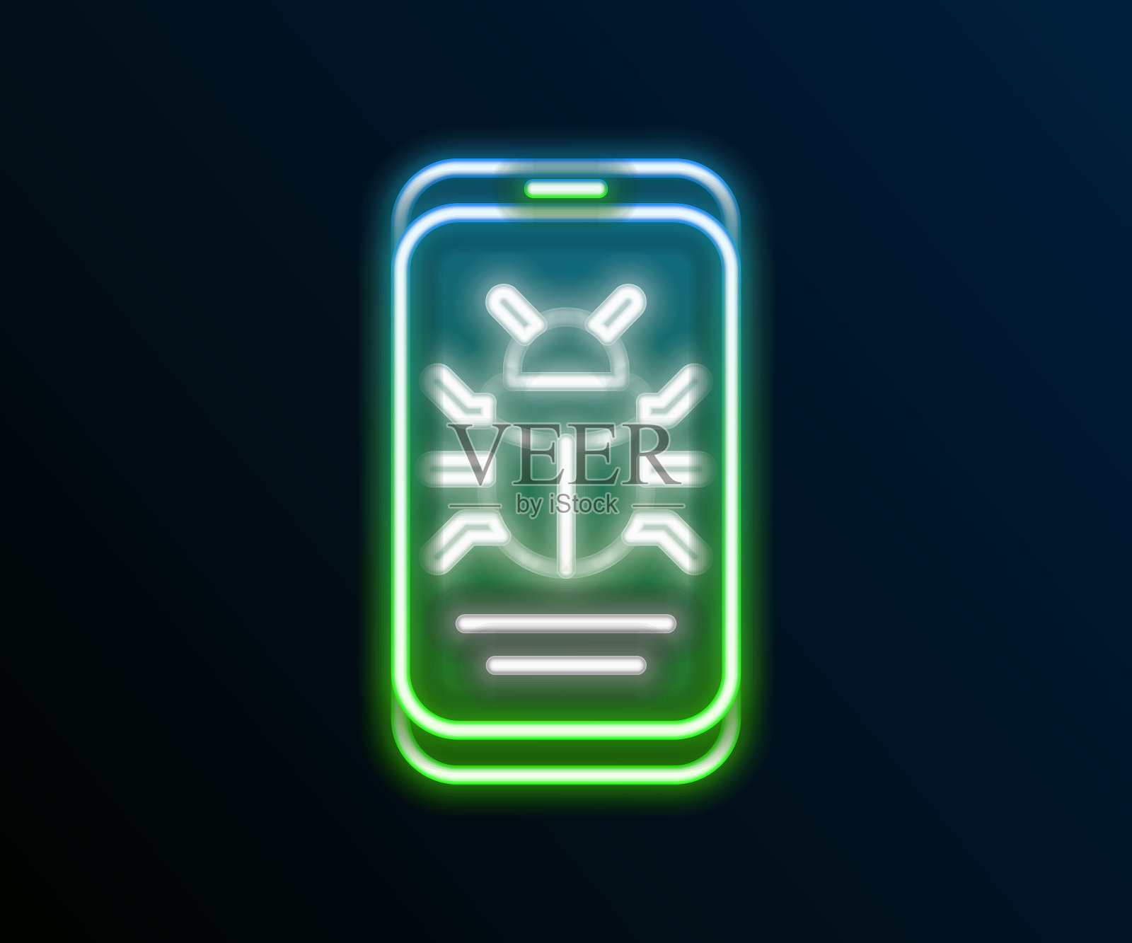 发光的霓虹灯线系统错误的手机图标隔离在黑色背景。代码bug概念。系统故障。错误搜索。色彩缤纷的轮廓概念。向量插画图片素材