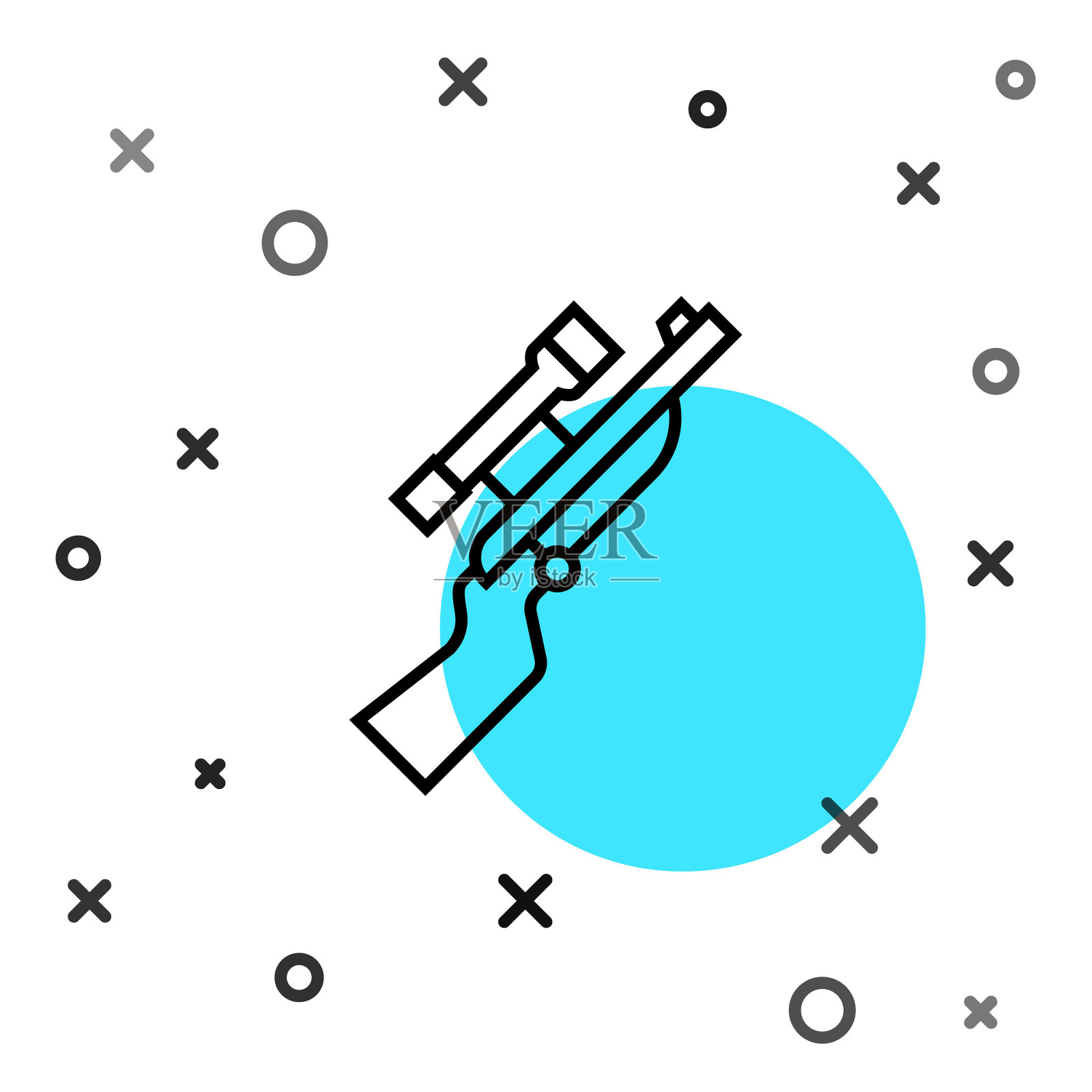 黑线狙击步枪与范围图标隔离在白色背景。随机动态形状。向量插画图片素材