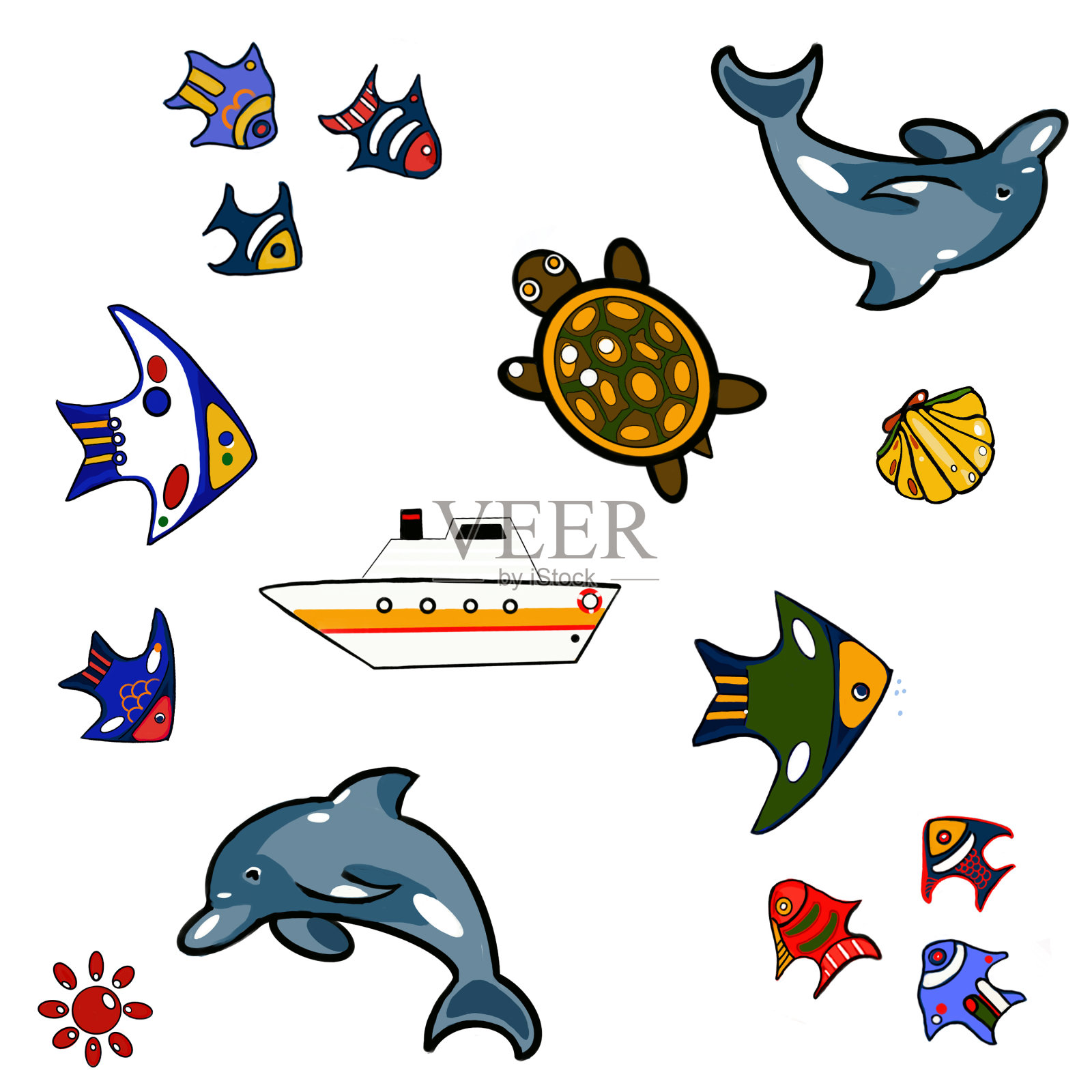 图案海套,海豚,鲸鱼,鲨鱼,鱼,海龟,贝壳,珍珠插画图片素材