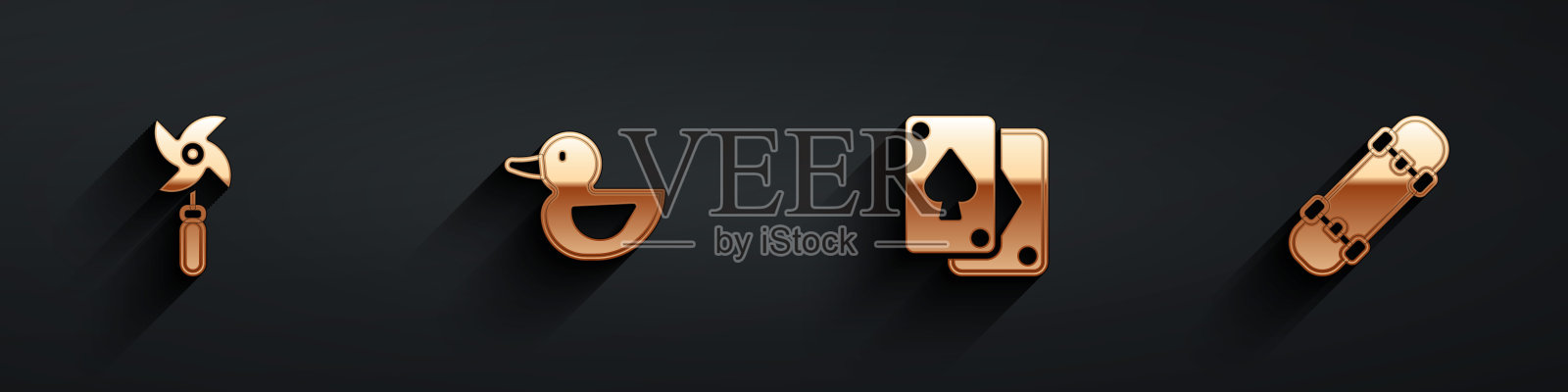 集风车玩具,橡皮鸭,扑克牌和滑板图标与长阴影。向量插画图片素材