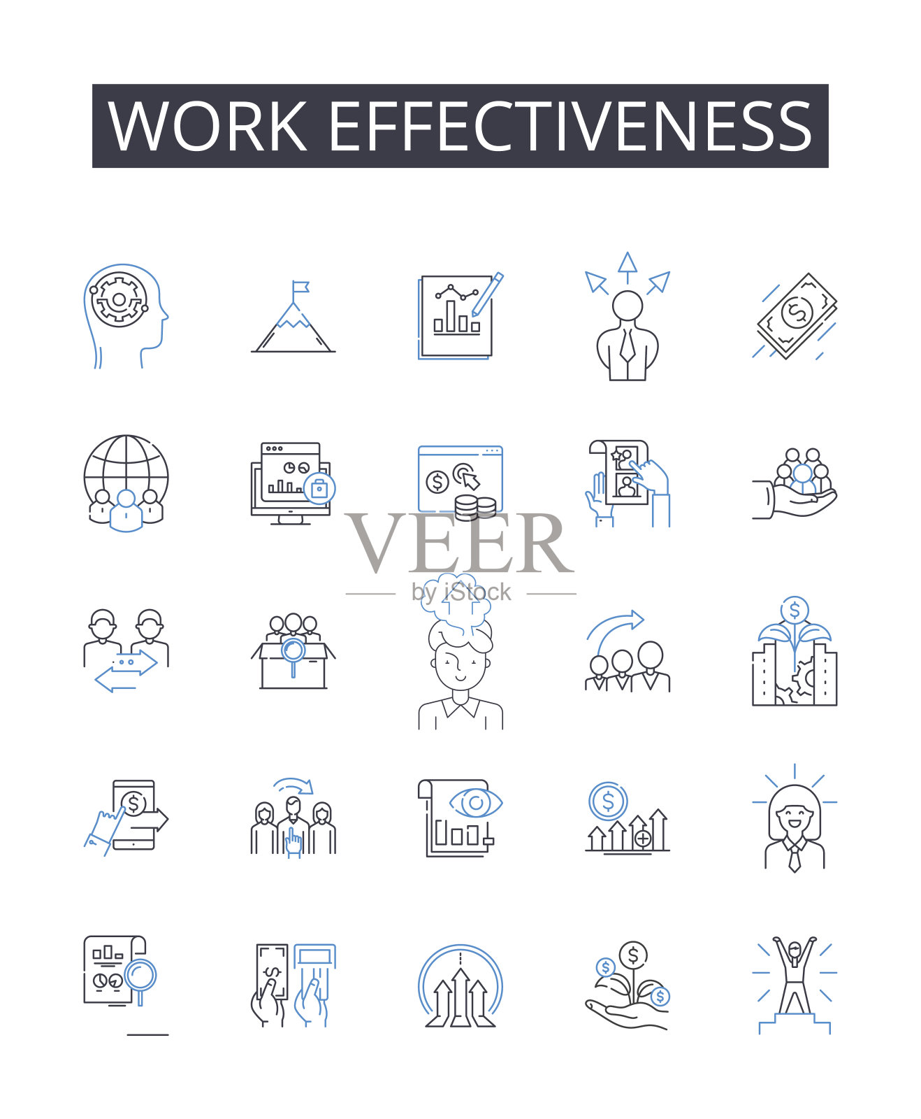 工作效率线图标收集。勘探,转换,漏斗,管道,参与,分割,获取矢量和线性插图。生成、跟踪、目标轮廓标志设置图标素材