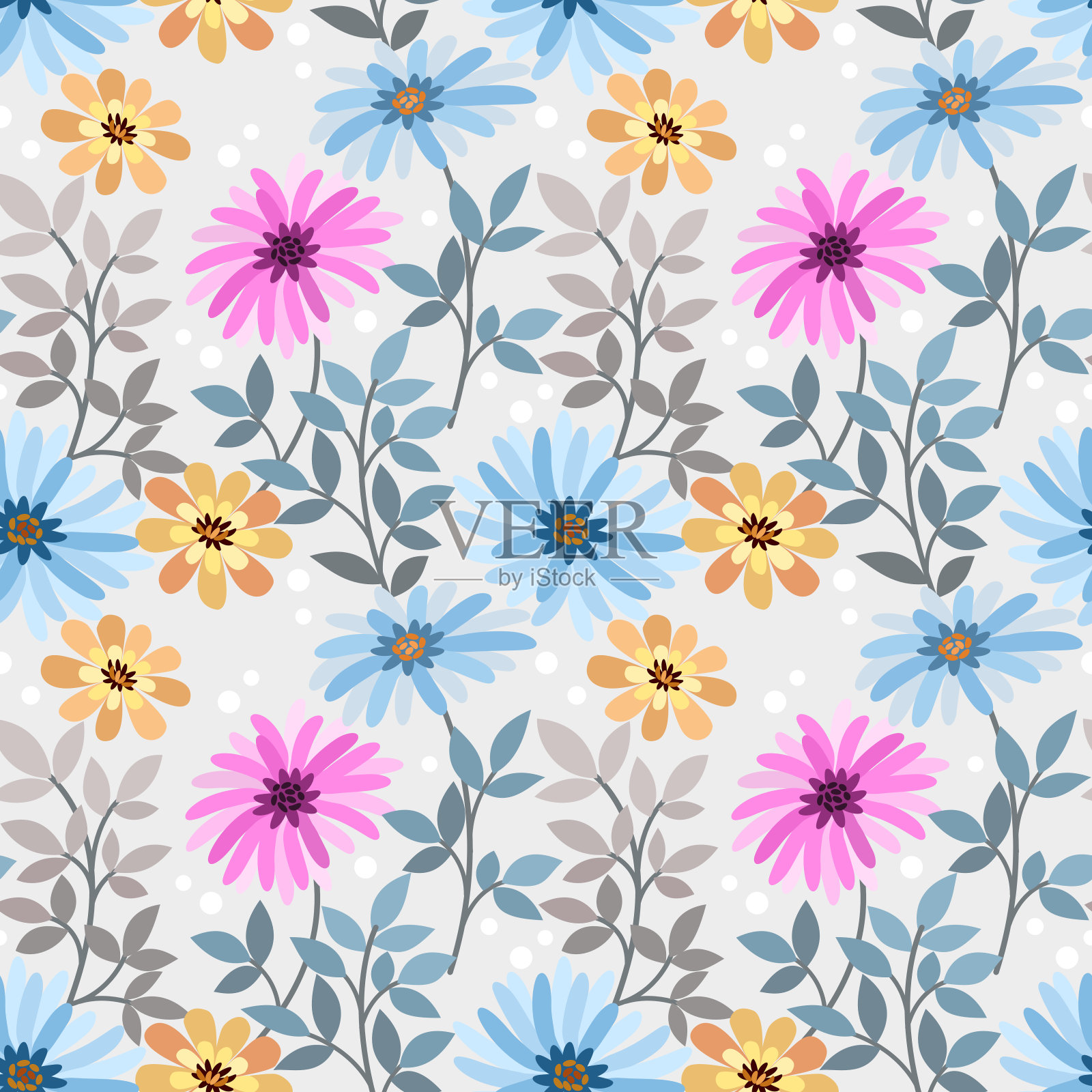 彩色手绘花朵无缝图案。插画图片素材