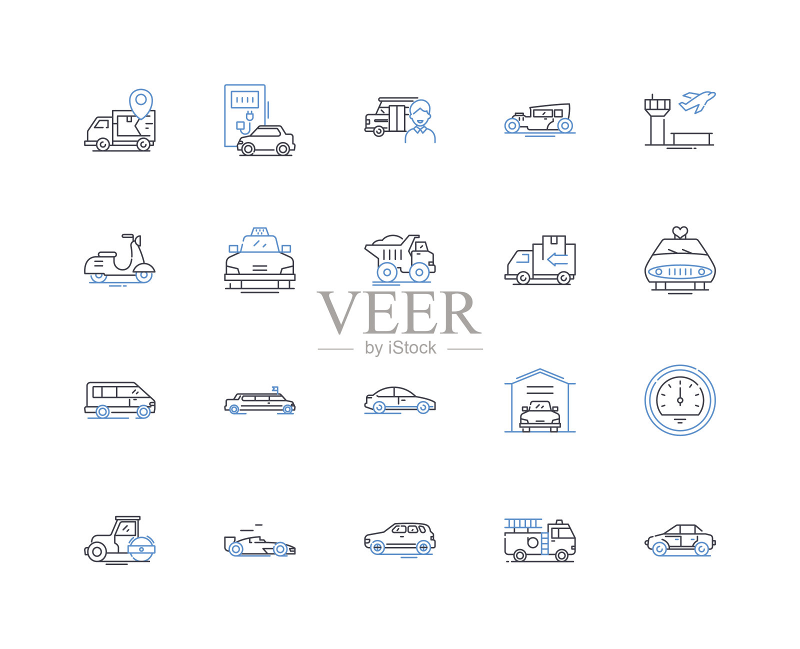 船舶和货运线图标收集。船舶,运输,货运,货物,航运,承运人,海洋矢量和线性插图。码头,港口,集装箱轮廓标志设置图标素材