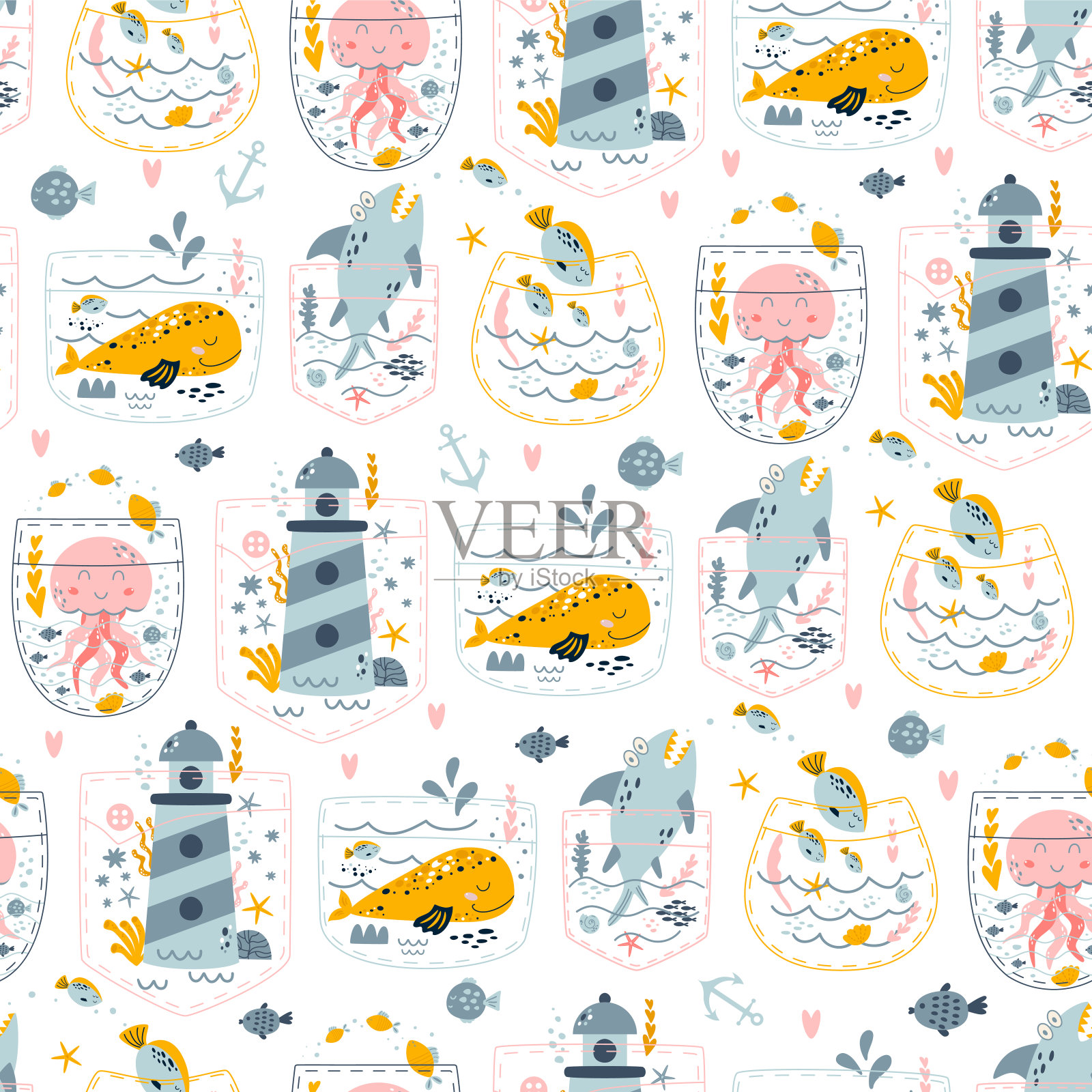 海洋生物纹路无缝,有鲨鱼、鱼、海蜇、灯塔等。有趣的水下生活重复背景矢量。插画图片素材