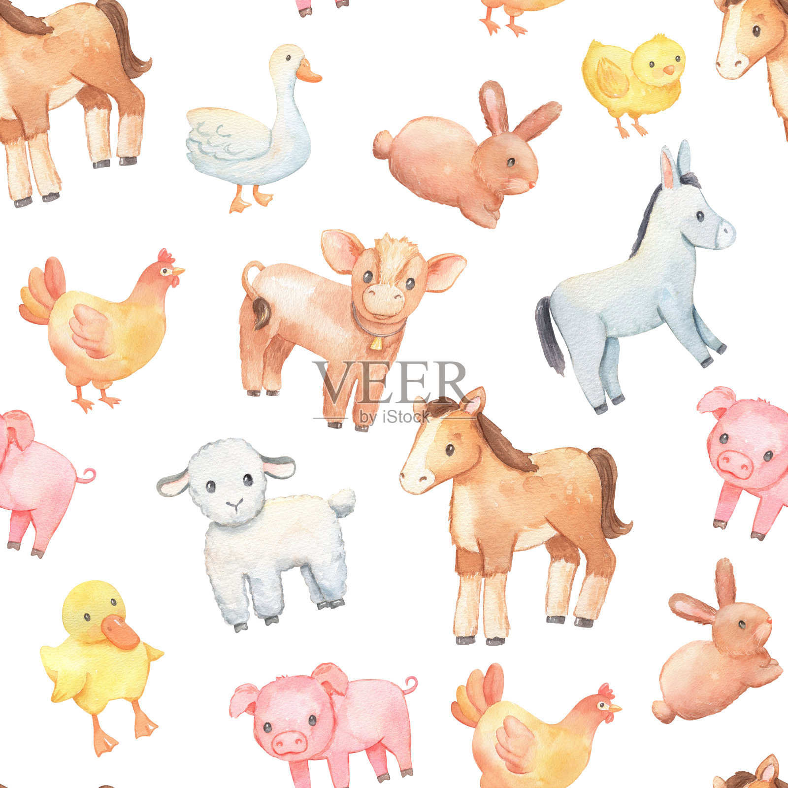 水彩无缝图案与农场动物在白色。可爱的驴子,小鸡和马。插画图片素材