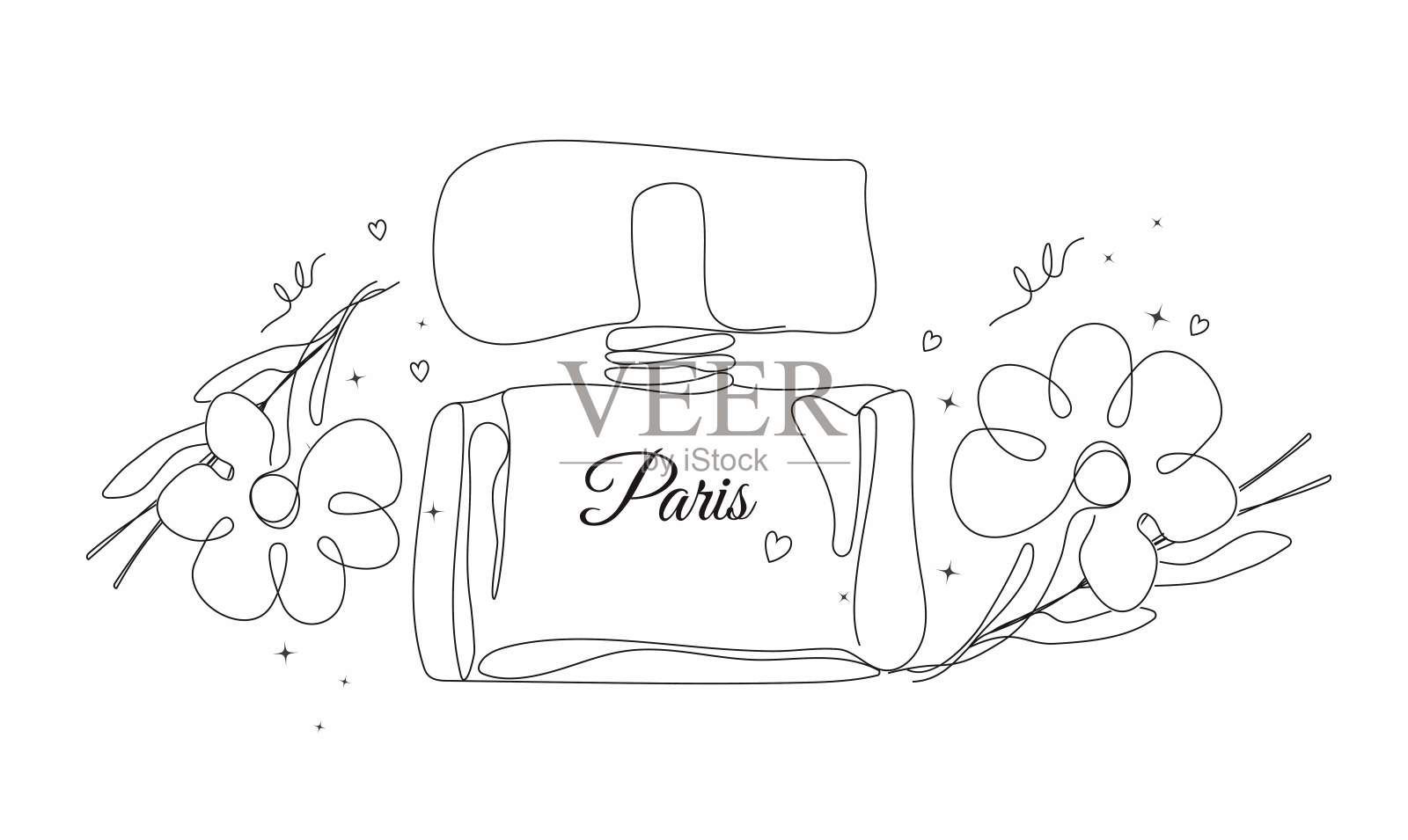 香水瓶、花、叶一条龙造型。现代插图的女性厕所水隔离在一个白色的背景。用于横幅,印刷,邀请。艺术向量插画图片素材