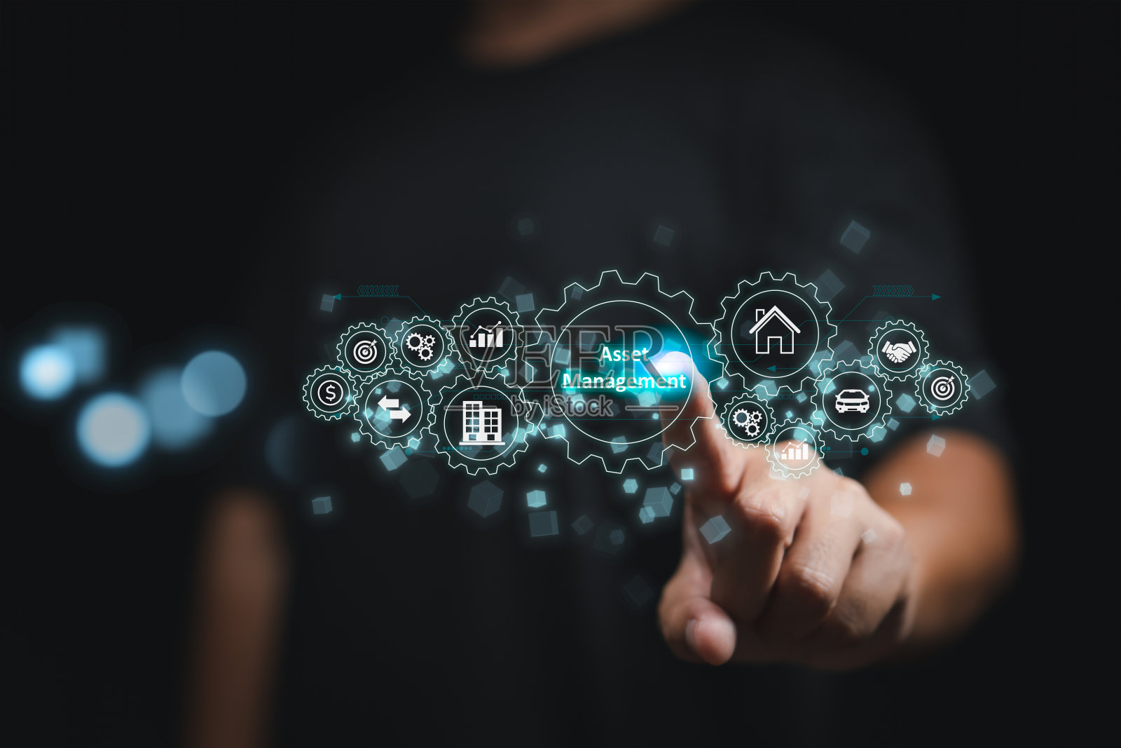 虚拟屏幕显示资产管理按钮,代表使用商业技术和互联网来管理和优化公司资产。照片摄影图片