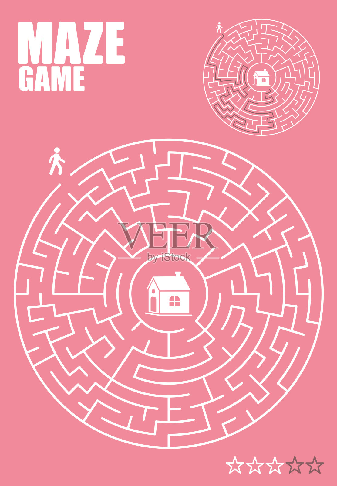 粉红色圆形矢量迷宫迷宫,白色通道,供人到达中心房屋插画图片素材