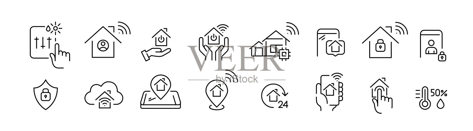 智能家居技术。温度气候控制,安全远程控制。像素完美,可编辑的笔触插画图片素材