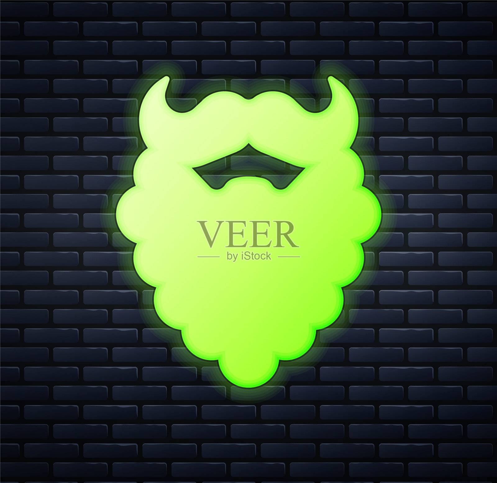 发光的霓虹灯胡子和胡须图标隔离在砖墙背景。理发店的标志。面部毛发类型。向量插画图片素材