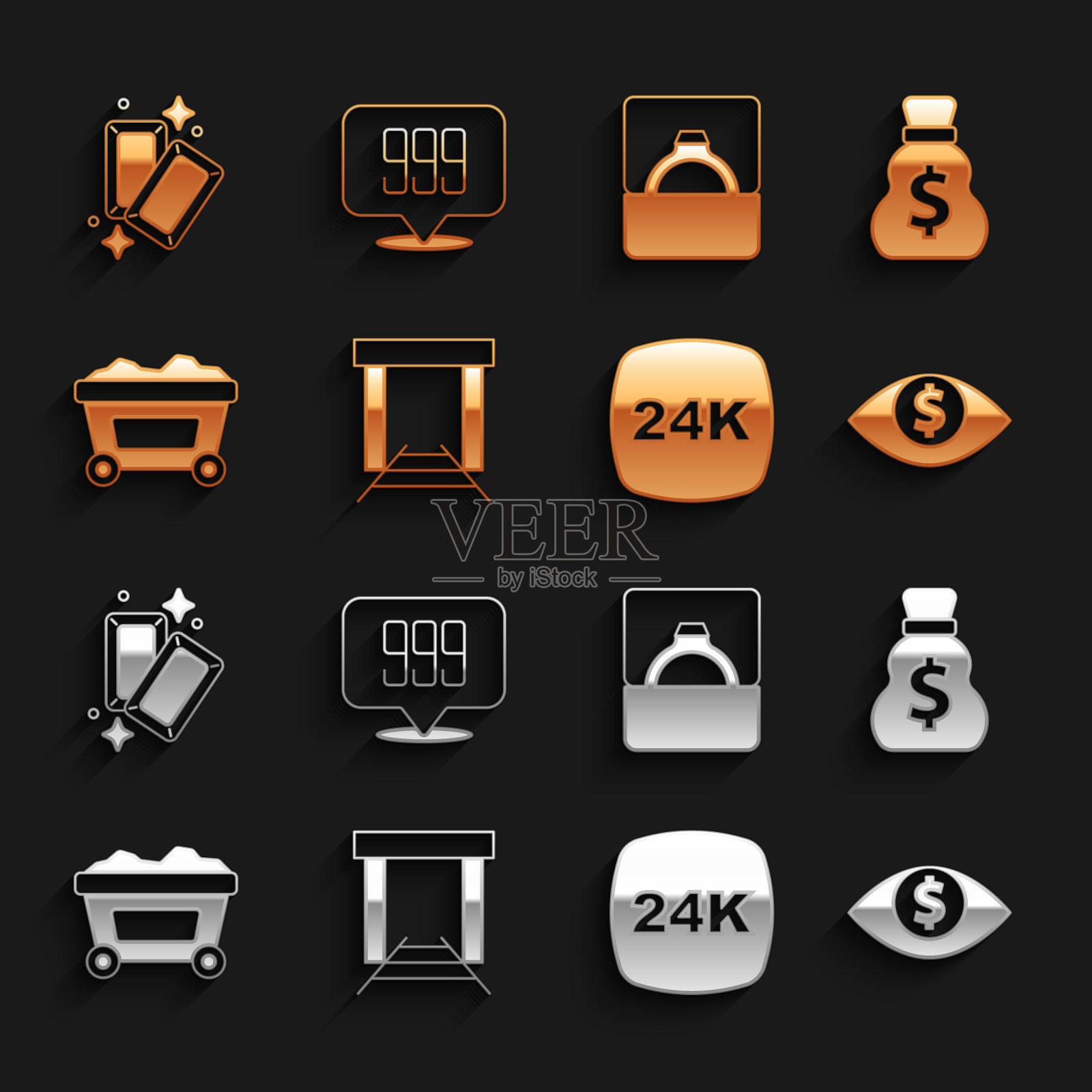 设置金矿,旧钱袋,眼睛与美元,酒吧24k,矿车黄金,钻石订婚戒指盒,和图标。向量图标素材