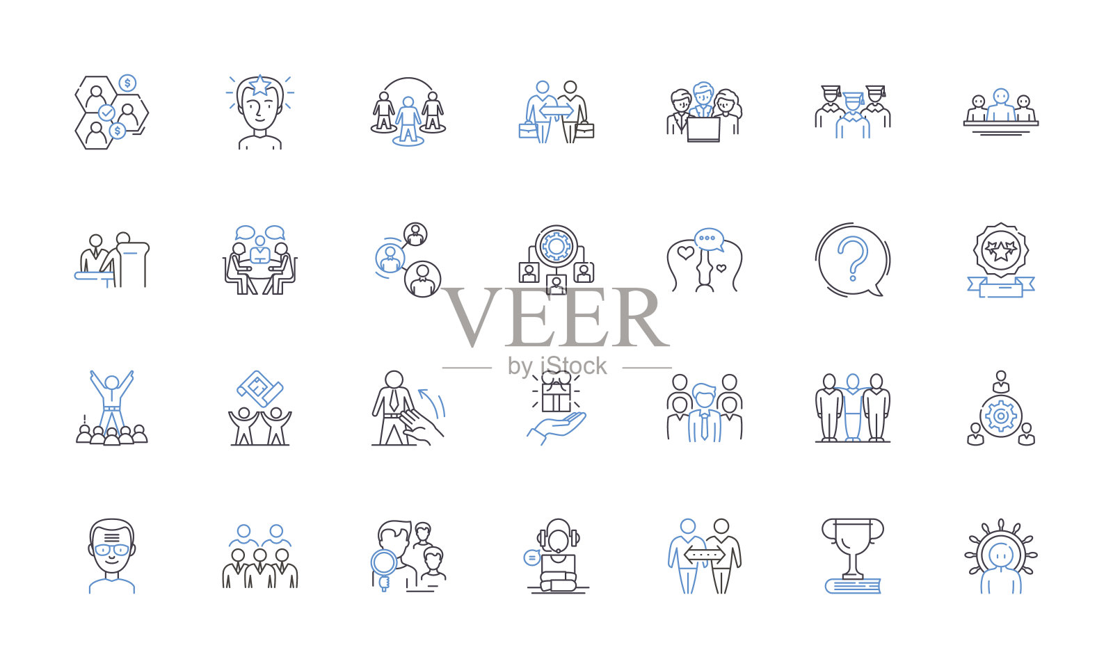 战略规划线图标收集。愿景,使命,目标,目的,分析,可持续性,对齐向量和线性插图。设立领导力、资源、绩效大纲标志插画图片素材