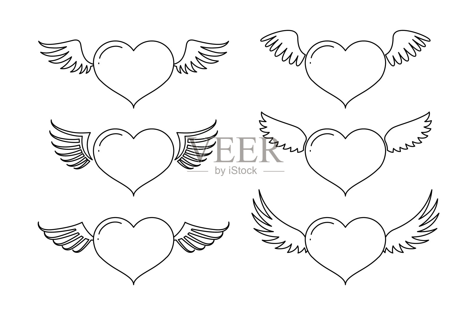 飞行的心与翅膀线图标集孤立的白色背景。心与翅膀矢量标志。平面设计风格。矢量插图。插画图片素材