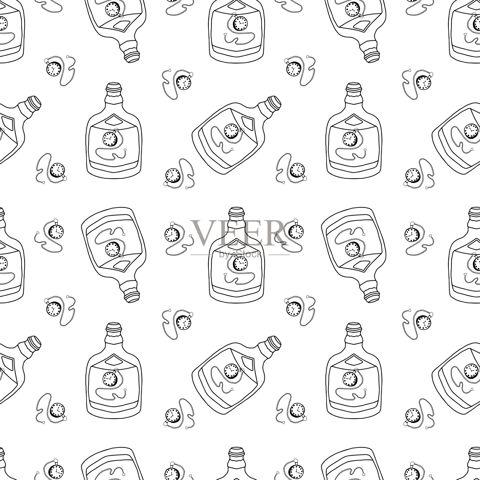 无缝图案与手绘涂鸦威士忌酒瓶与复古怀表链上的标签。白色背景上的黑色元素插画图片素材