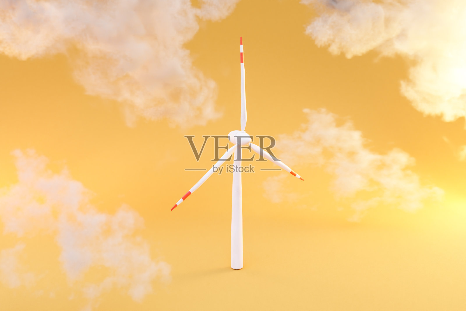 单风车风力涡轮机无限彩色背景与云;可再生清洁能源理念;三维演示照片摄影图片