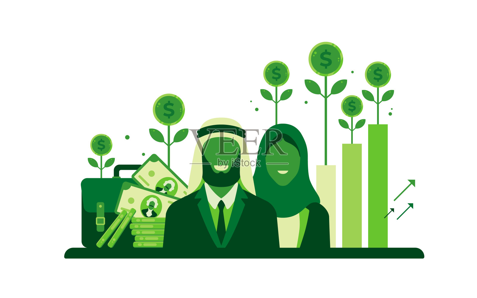 穿着正式的穆斯林男女,脸上洋溢着快乐的表情,显示出美国经济或美元价值的好转或增长插画图片素材