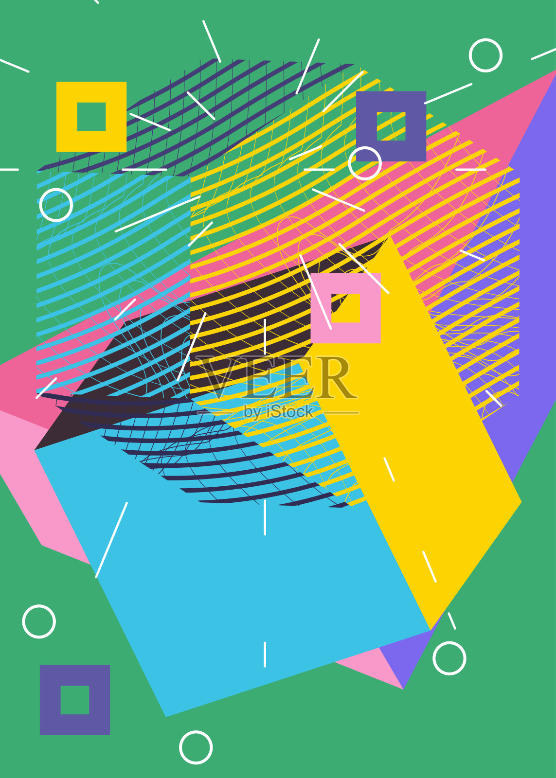 简单的背景与随机几何形状。抽象平面模板海报,书的封面,通讯,社交媒体背景与鲜艳的颜色。复古繁忙的几何图形艺术图案。插画图片素材