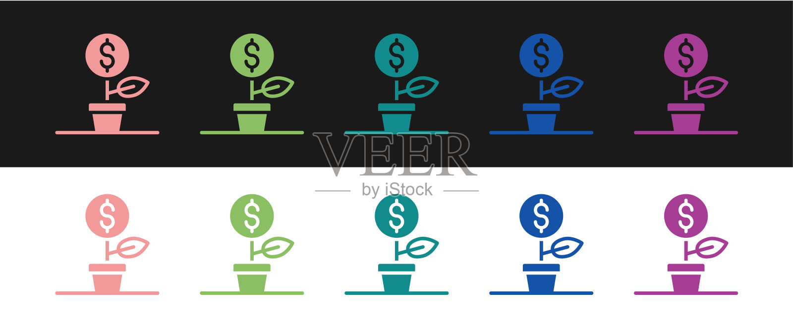 集美元植物图标孤立的黑色和白色背景。企业投资成长型理念。储蓄和投资。向量插画图片素材