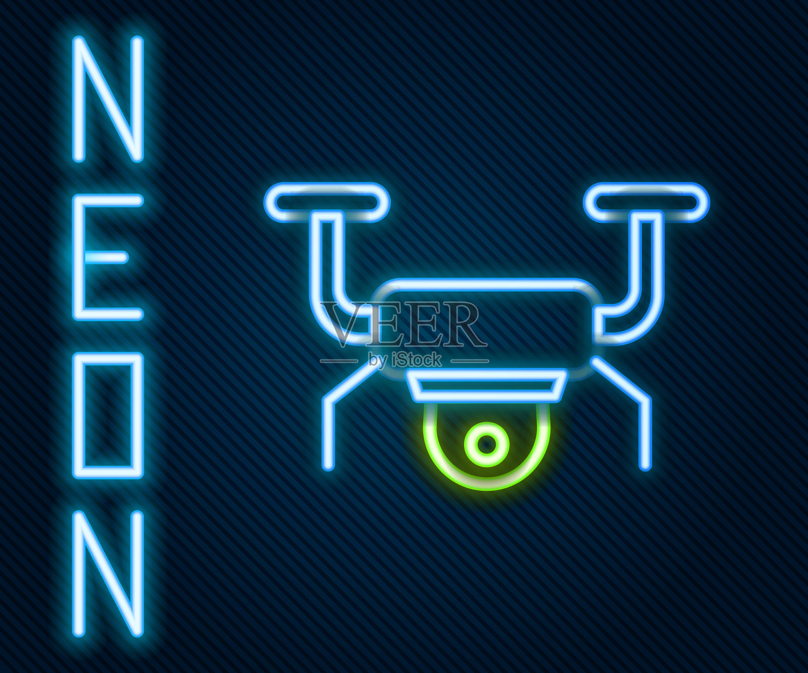 发光的霓虹灯线无人机飞行图标孤立的黑色背景。带有视频和照相机符号的四轴飞行器。色彩缤纷的轮廓概念。向量插画图片素材