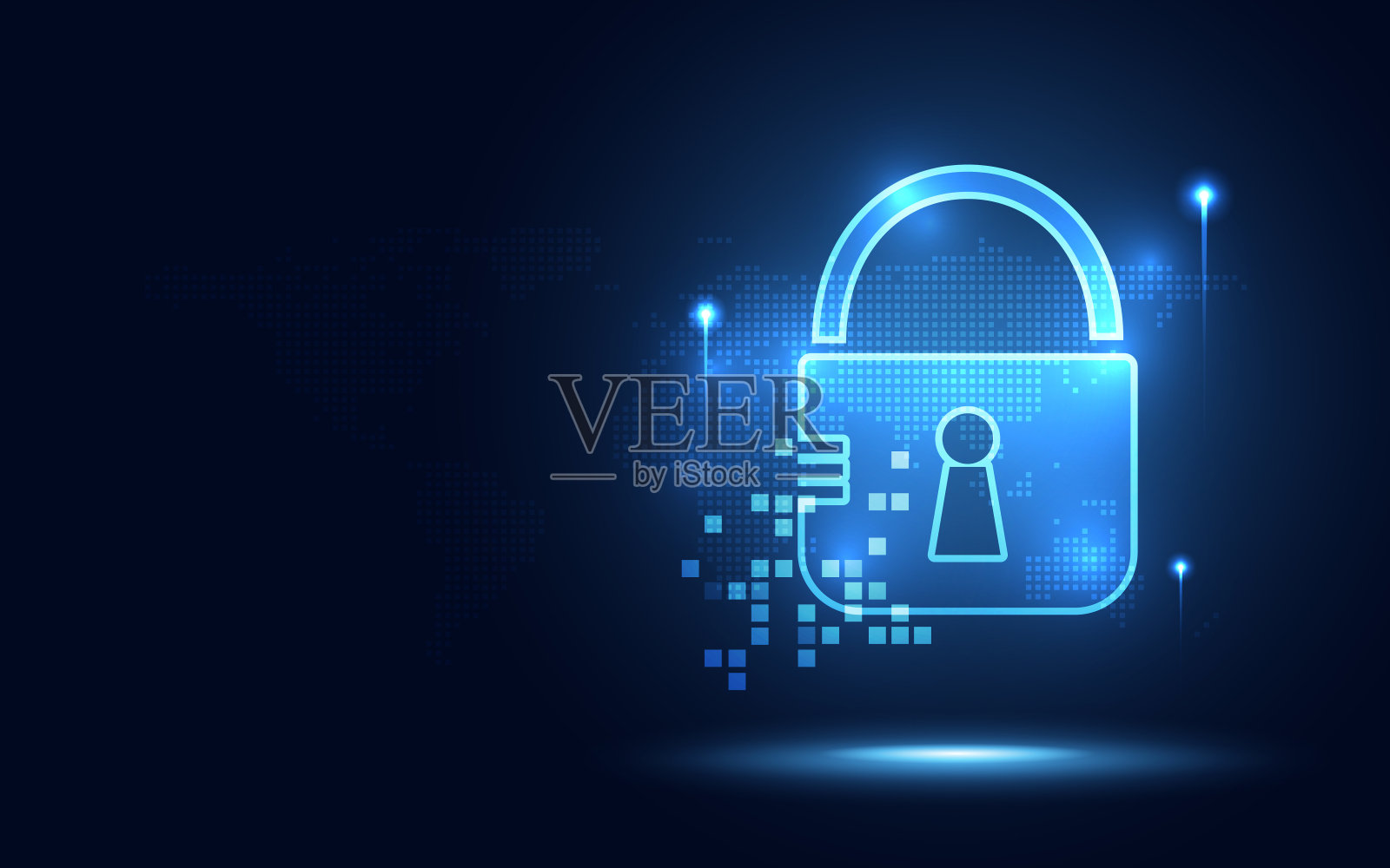 网络安全挂锁蓝色抽象数字转换背景。译码技术与计算机网络保护概念。新未来系统技术标志符号。矢量插图。插画图片素材