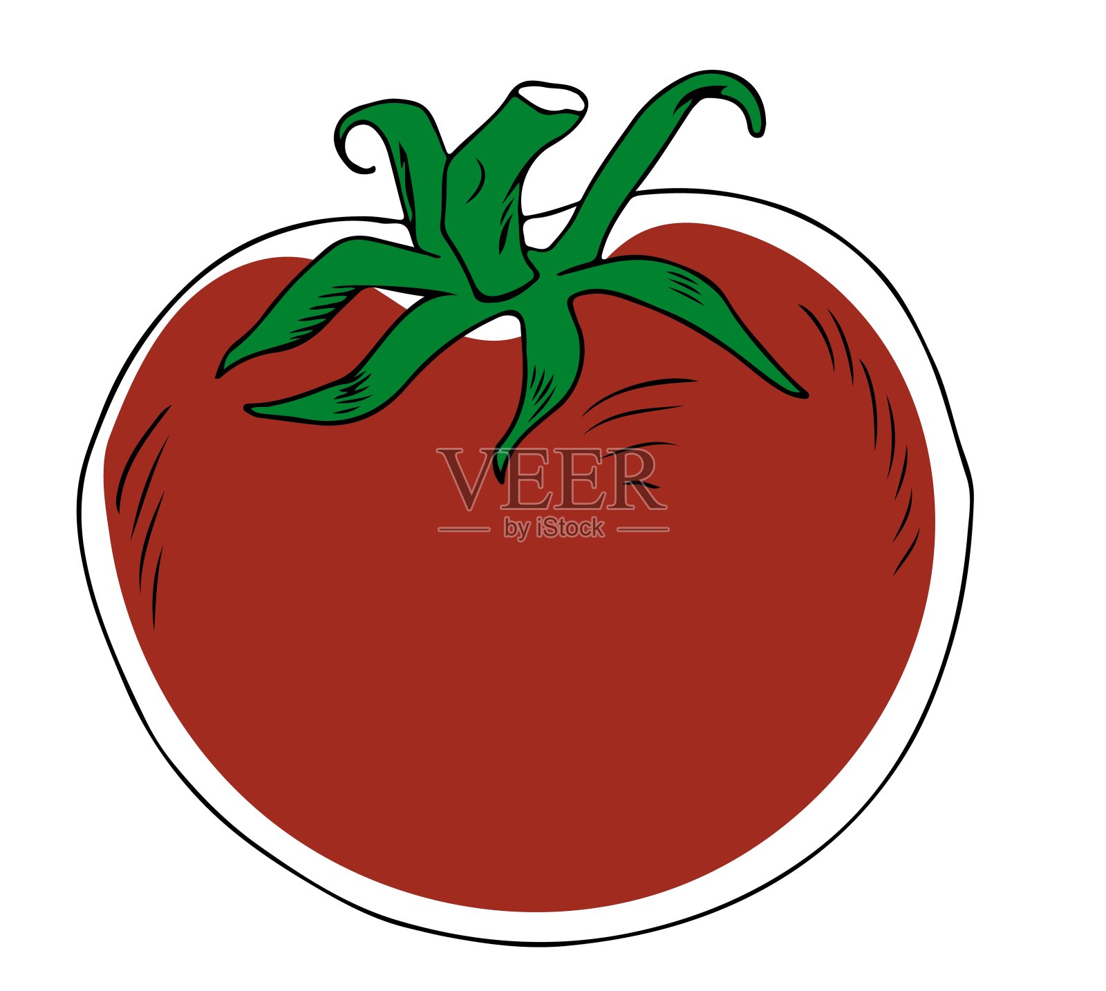 线条艺术风格红色整个番茄与绿色茎孤立在白色背景插画图片素材