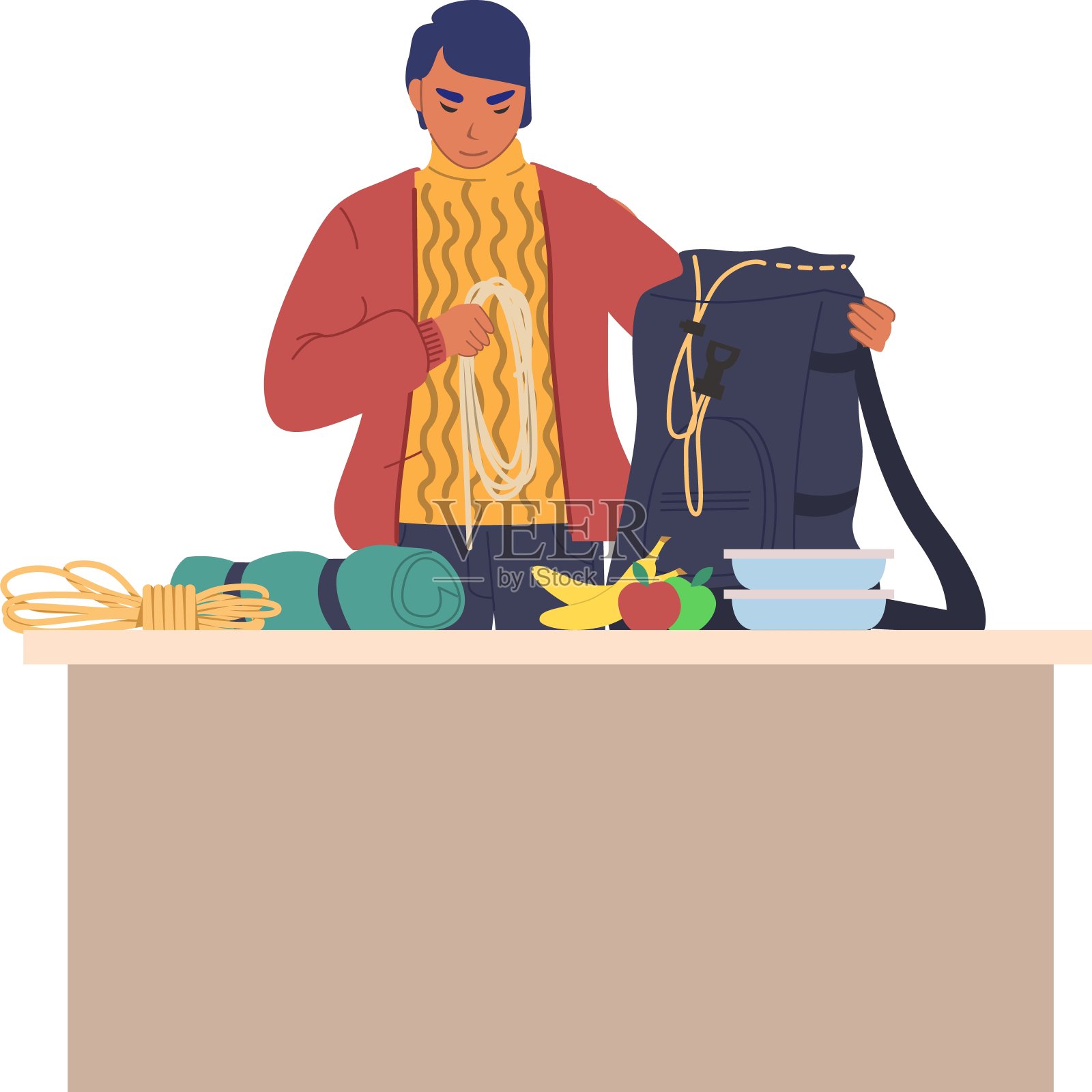 男子登山者字符包装背包徒步旅行矢量图标插画图片素材