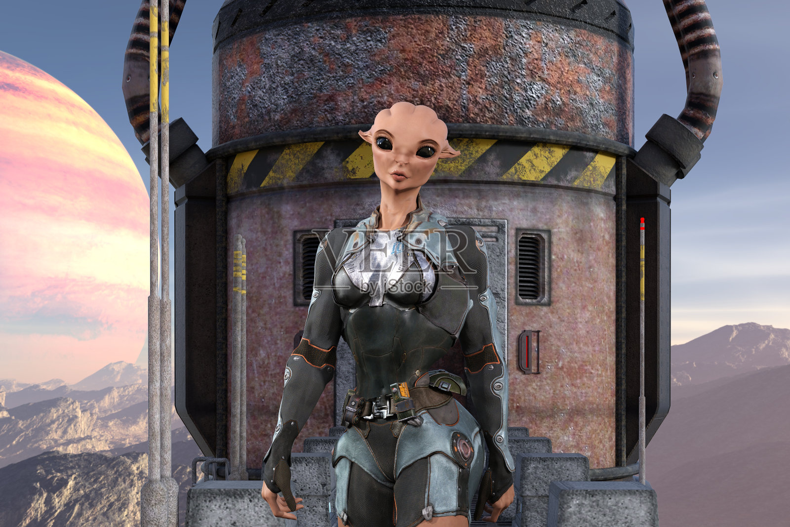 这是一个外星人的插图,他有一双黑色的大眼睛,穿着探索服,在外星世界的圆柱形入口前向前看。照片摄影图片