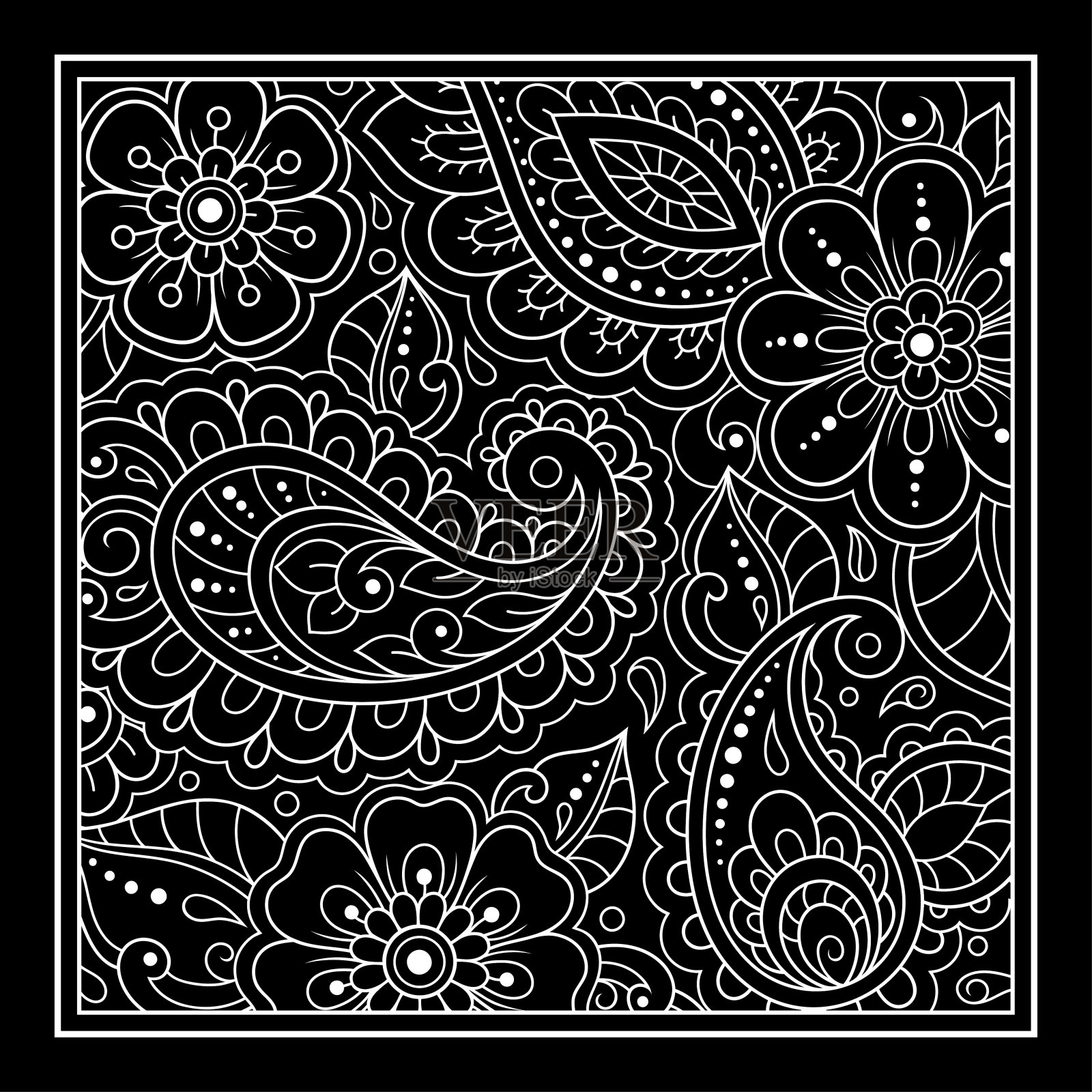 为涂色书页面勾勒出正方形的花朵图案。适用于成人和儿童的抗压力。黑白涂鸦装饰。手绘矢量插图。插画图片素材