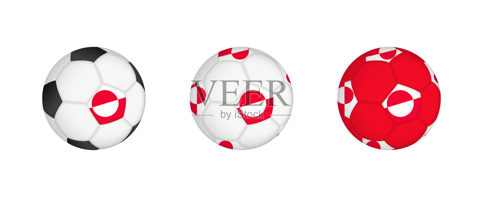 收集有格陵兰国旗的足球。足球装备模型与国旗在三个不同的配置。插画图片素材