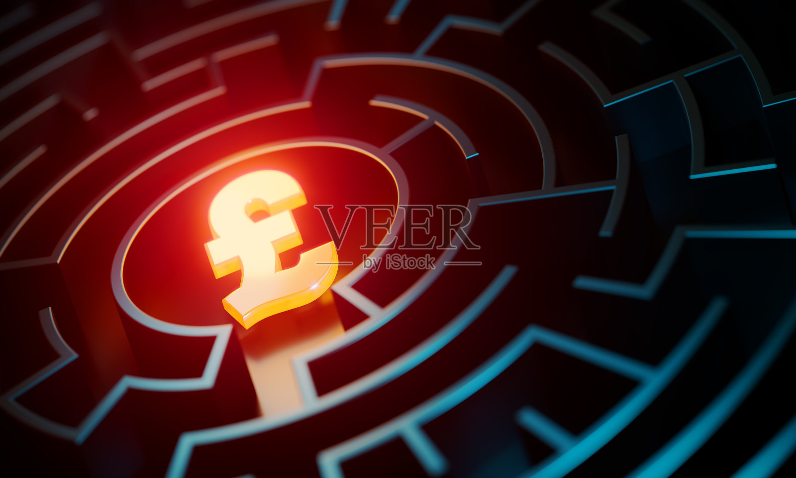 在橙色和蓝色灯光照亮的迷宫中心,有一个发光的磅标志照片摄影图片