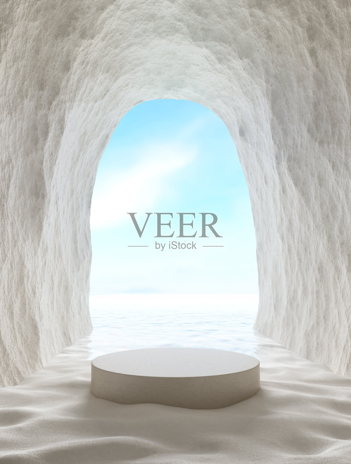 天然白石洞穴或隧道海滩或沙漠产品展台讲台背景海和蓝天广告化妆品护肤时尚概念沙展示基座白色岩石。3 d演示。照片摄影图片