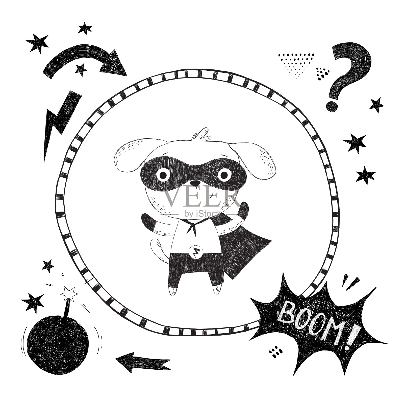 超级英雄狗动物手绘涂鸦风格。白底黑墨水。插画图片素材