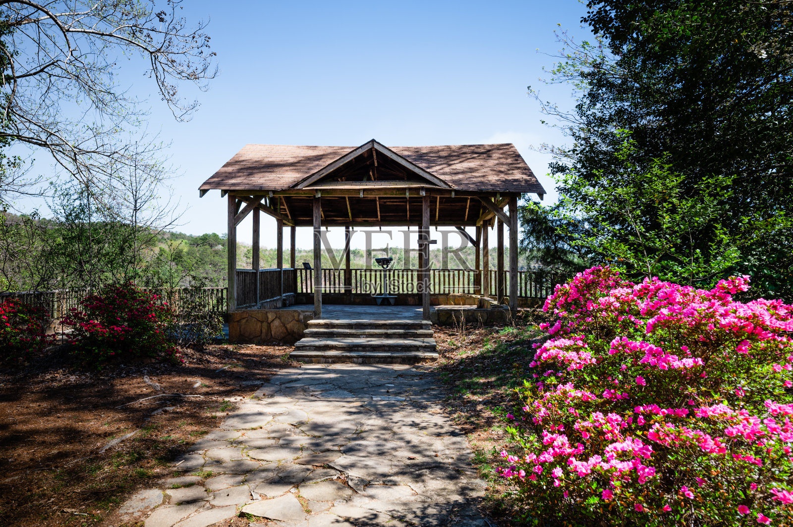 在乔治亚州塔卢拉瀑布的塔卢拉峡谷州立公园,俯瞰被粉红色花朵包围的亭子照片摄影图片