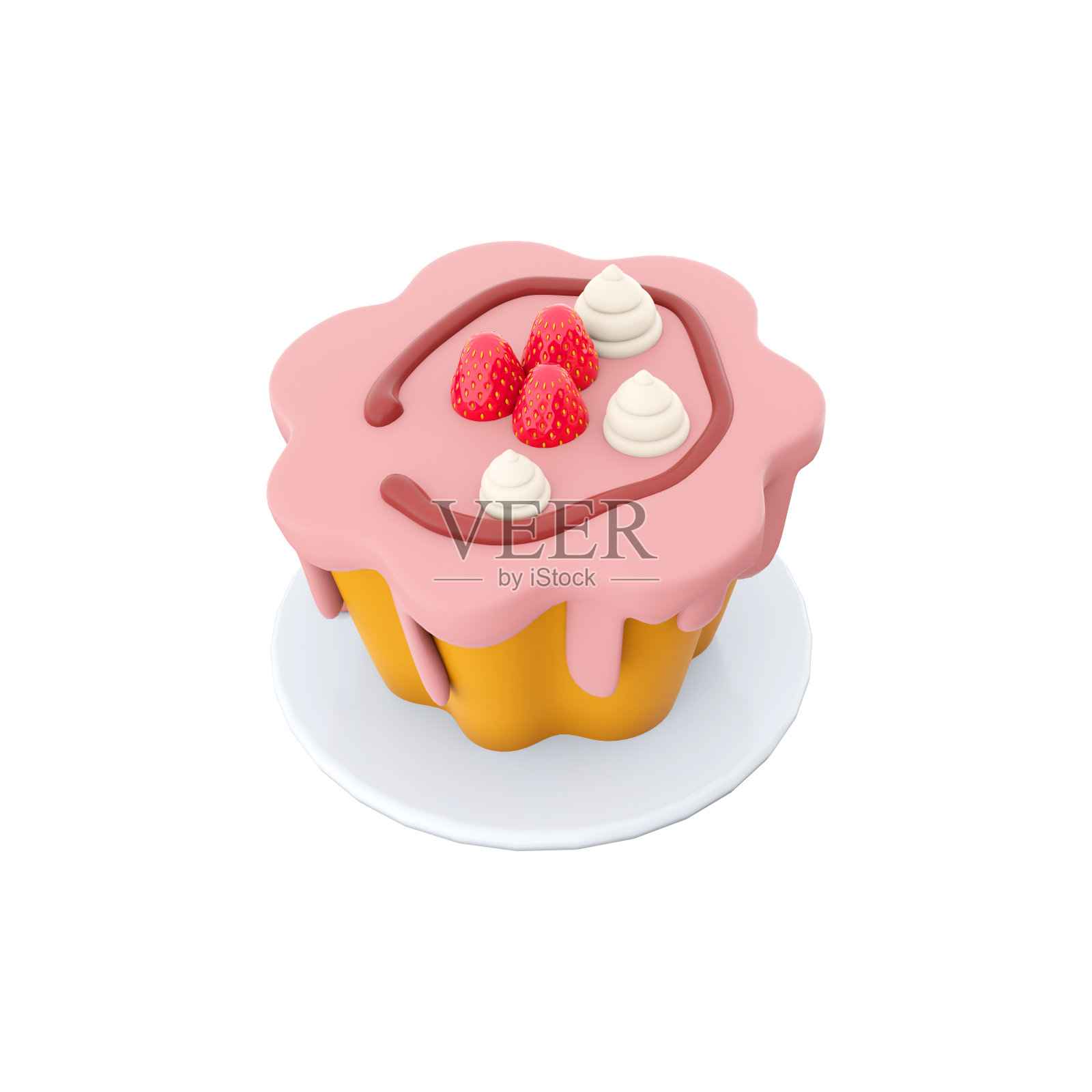 3d渲染可爱的生日草莓蛋糕樱桃釉图标。3d渲染图标甜蜜蛋糕惊喜生日,母亲的,情人节。樱桃汁草莓蛋糕照片摄影图片