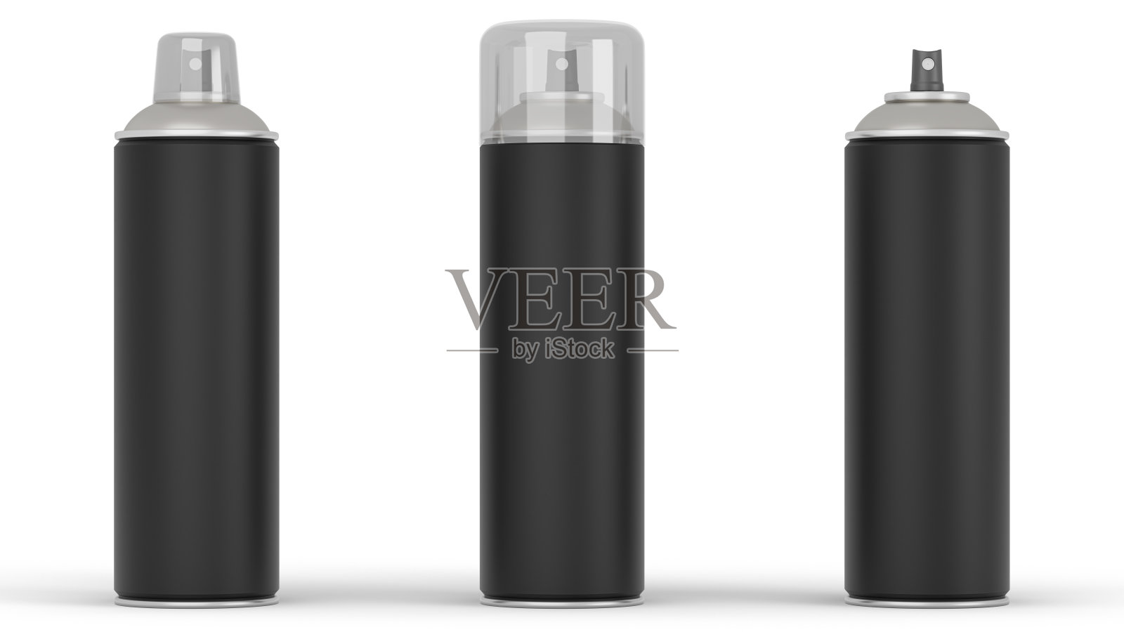 白色背景上三个不同瓶盖的黑色喷雾罐的3d渲染。照片摄影图片