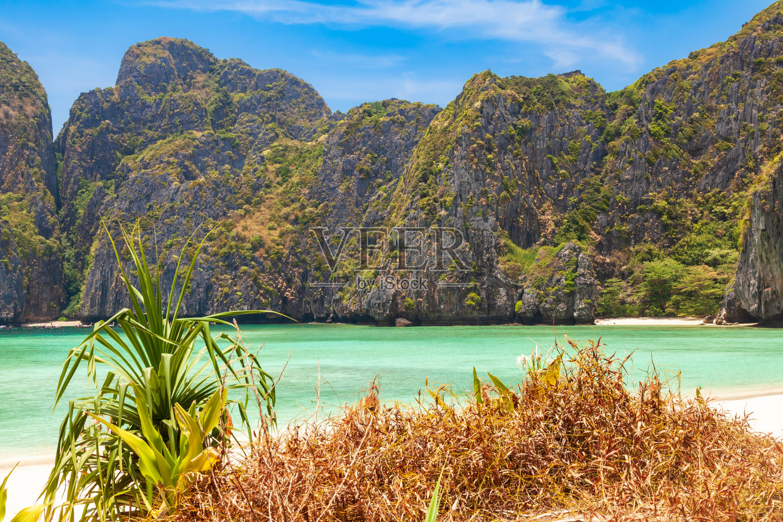 传说中没有人的玛雅湾海滩,莱昂纳多·迪卡普里奥的电影《海滩》就是在这里拍摄的,那里有美丽的沙滩和清澈的绿松石水。联合国教科文组织世界遗产。照片摄影图片