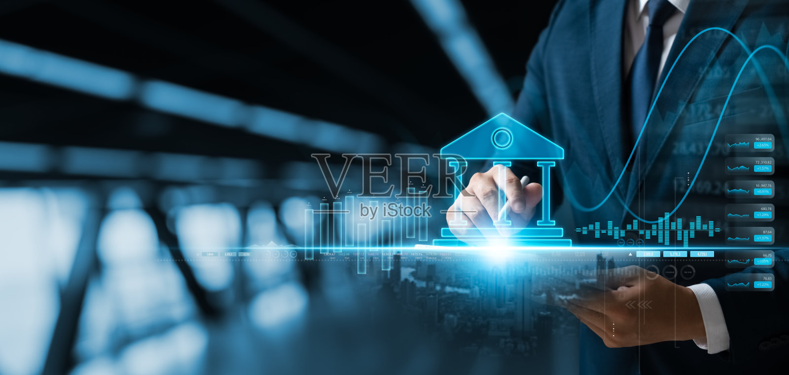 商人利用平板银行和网上支付,银行图标,创新金融技术开发产品,投资于汇率增长和长期盈利的全球业务。照片摄影图片