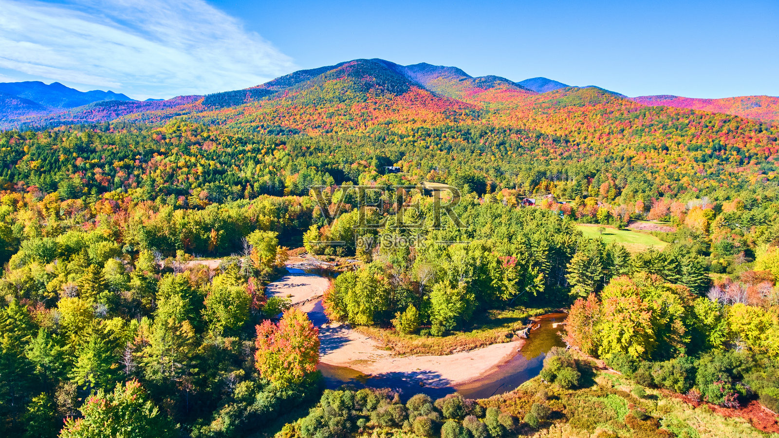 河流蜿蜒穿过郁郁葱葱的绿色和秋天的森林山脉在纽约照片摄影图片
