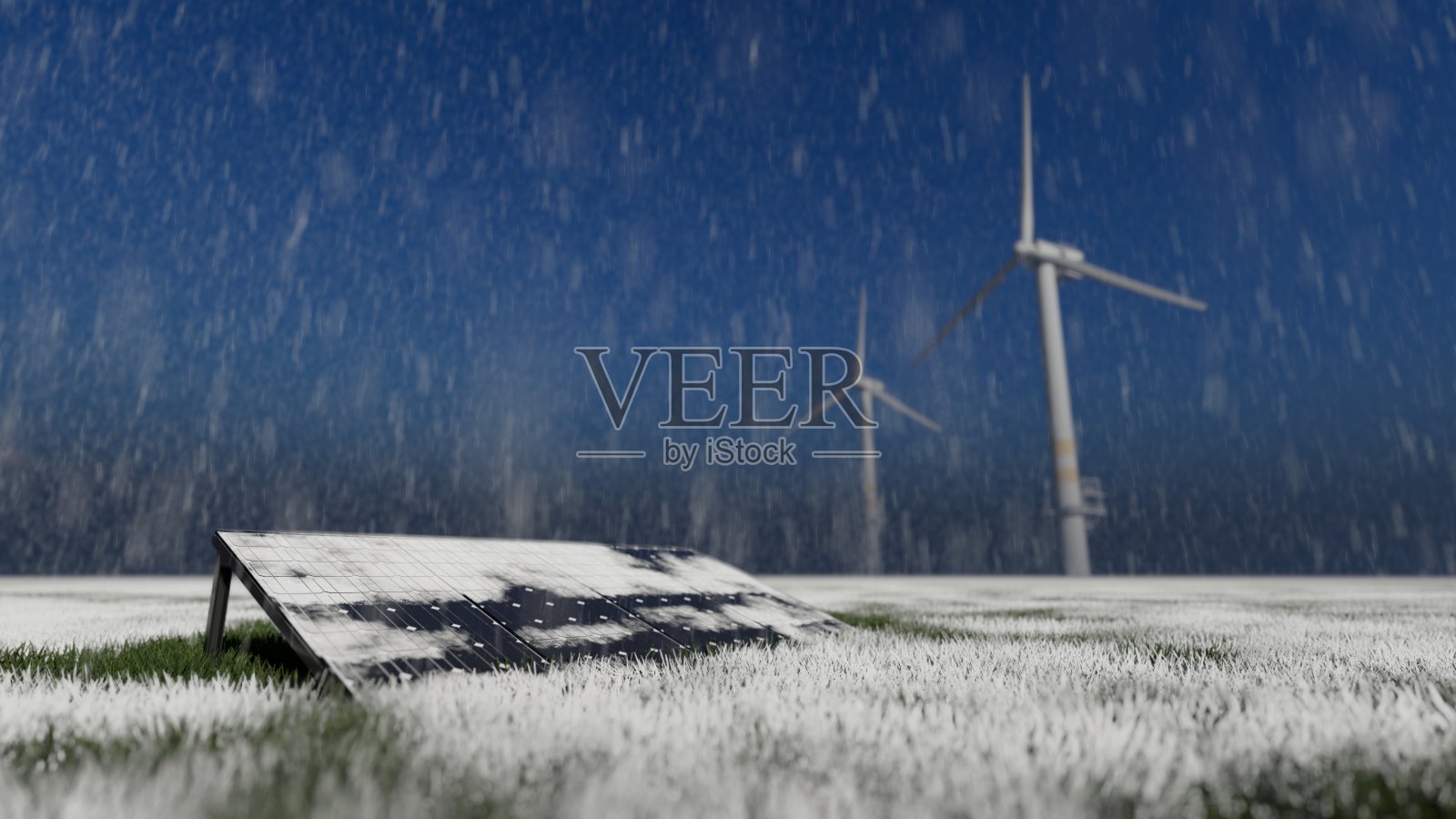 雪地里的太阳能电池板和风力涡轮机照片摄影图片
