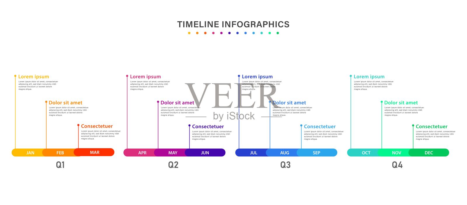信息图表时间模板1年。业务信息图时间线设计与4个步骤或选项。可用于工作流,日历布局,图表,演示文稿。向量插画图片素材