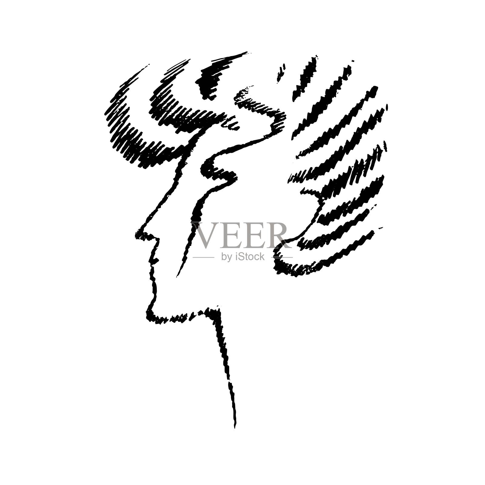 女性脸部手绘涂鸦。这个发型的女人侧面。适合理发店的设计,明信片,印刷,标志,和标志。矢量插图。插画图片素材