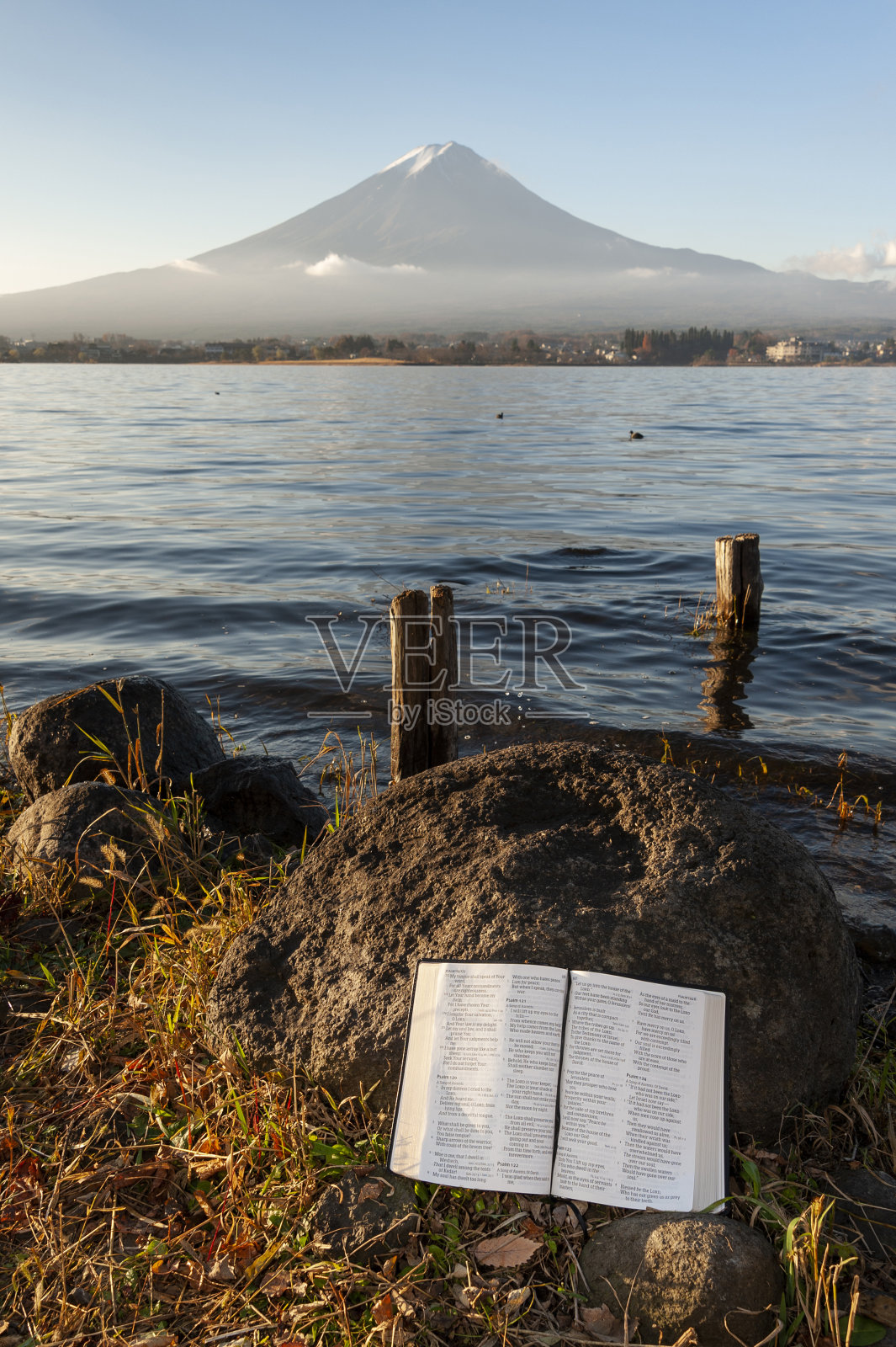 《圣经》(《诗篇》第121、122、123和124篇)倚靠在川口湖岸边的岩石上,背景是雄伟的富士山照片摄影图片