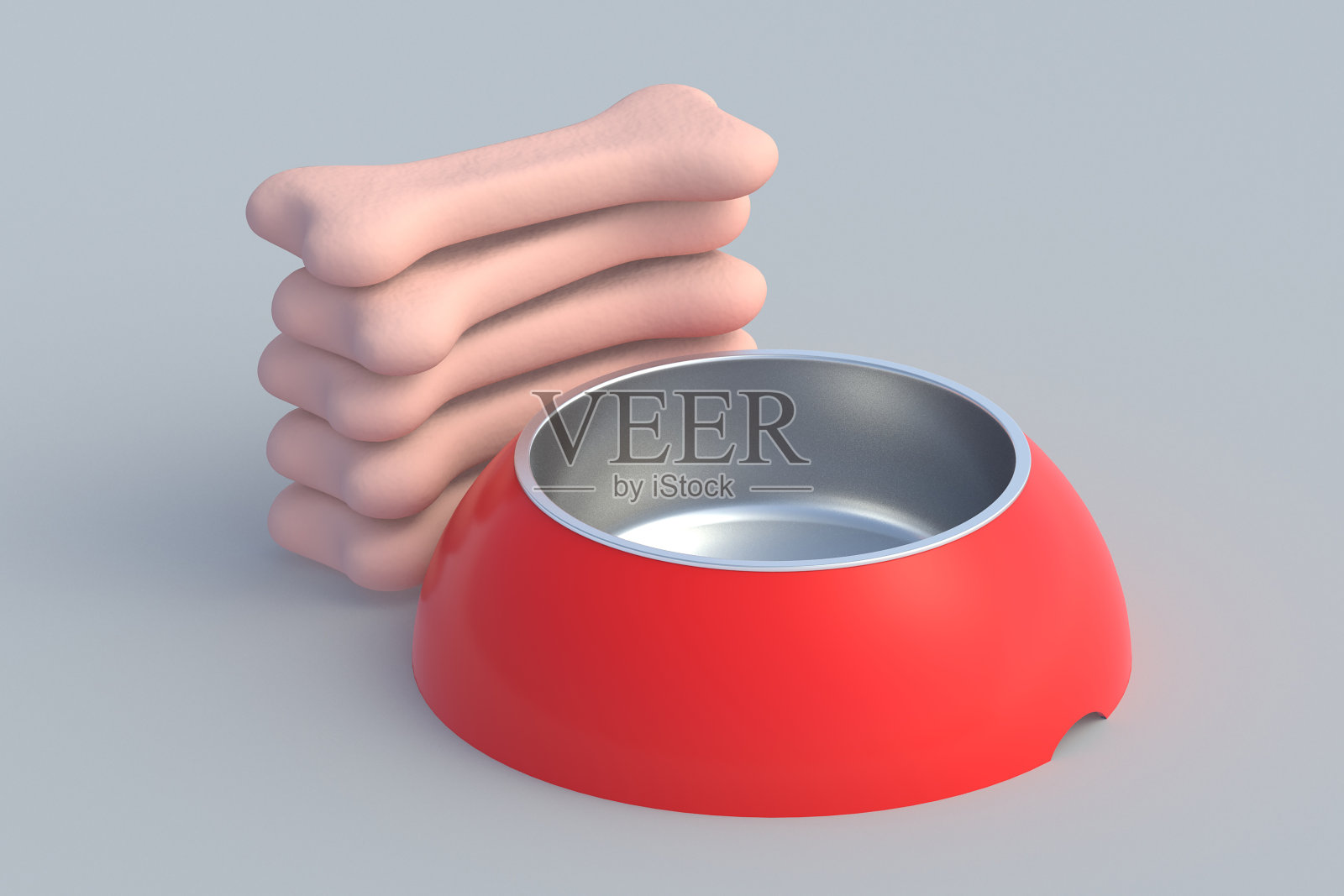 碗旁堆放着干狗粮。狗照顾。适当的动物营养概念。宠物食品。给小狗吃的脆骨。三维渲染照片摄影图片